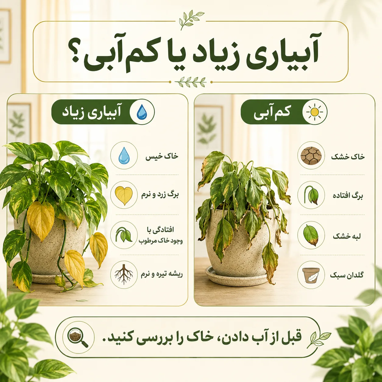 مقایسه آبیاری زیاد و کم آبی در زرد شدن برگ پتوس