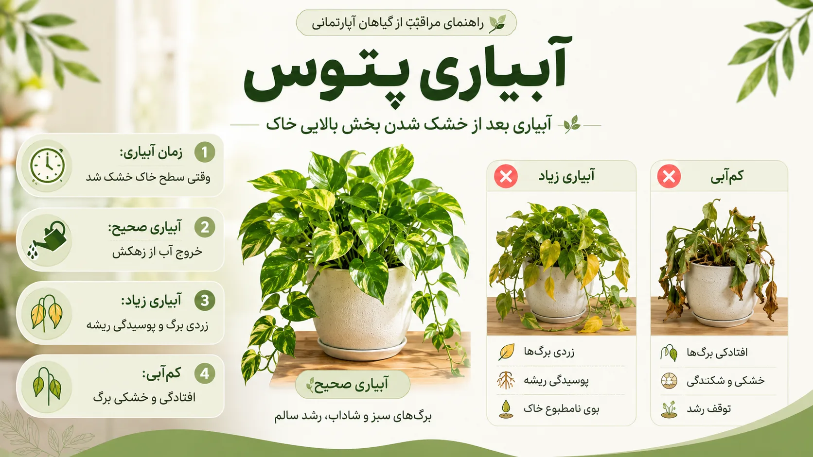 آبیاری پتوس و تفاوت آبیاری صحیح کم آبی و آبیاری بیش از حد