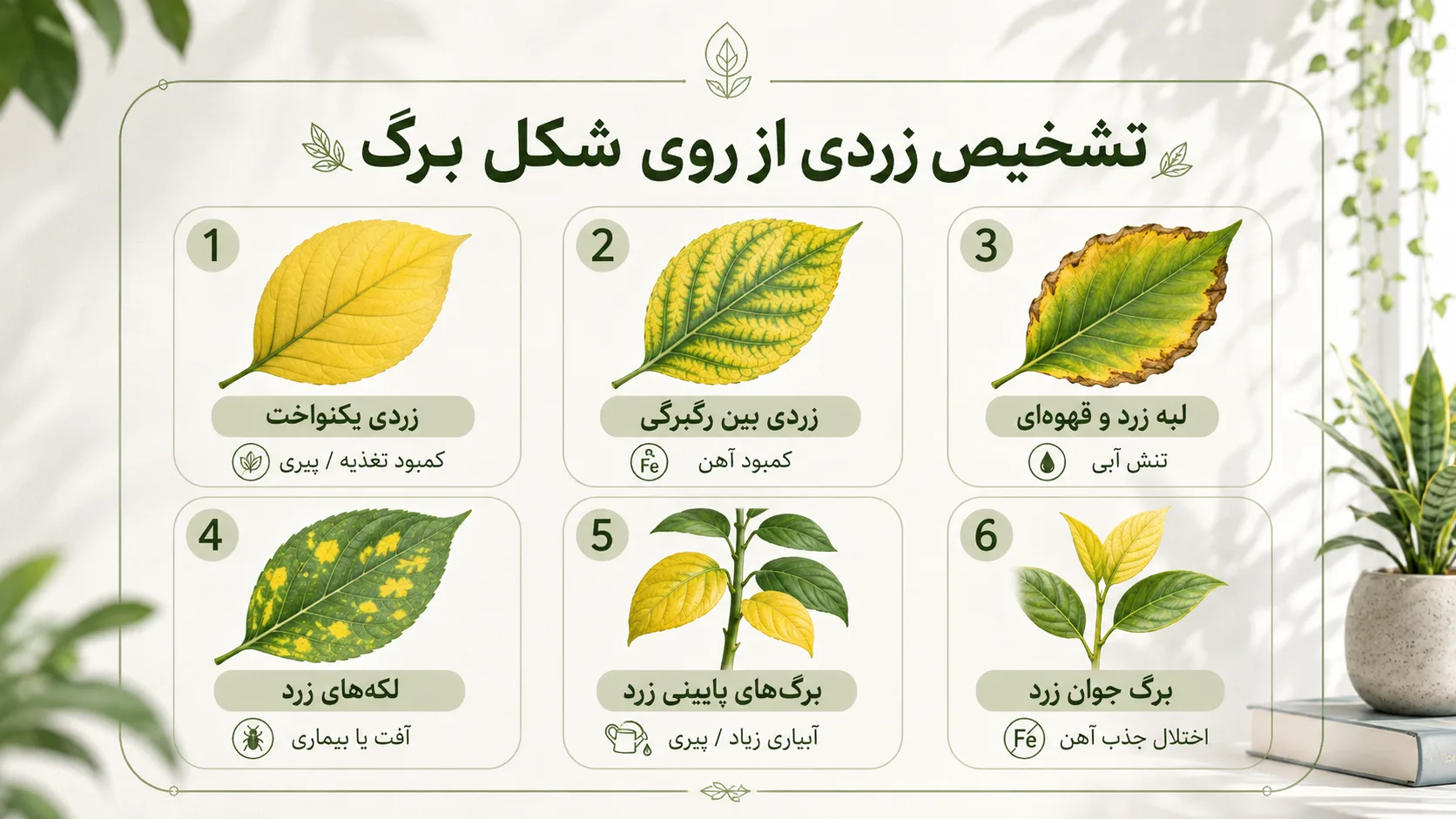 تشخیص علت زرد شدن برگ گیاهان آپارتمانی از روی شکل برگ