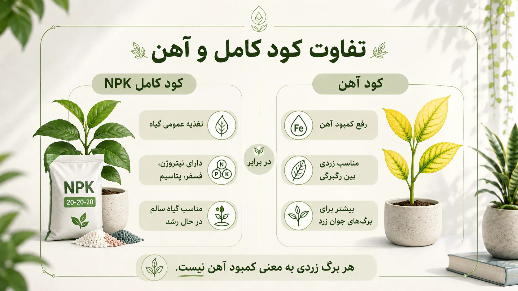 تفاوت کود کامل و کود آهن تفاوت کود کامل NPK و کود آهن برای گیاهان آپارتمانی
