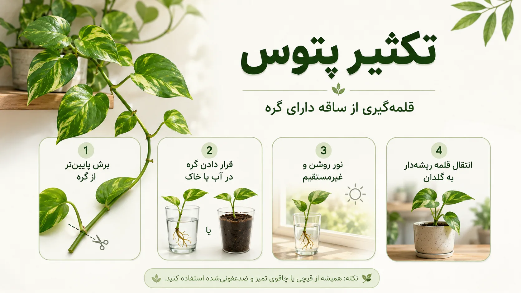 آموزش تکثیر پتوس با قلمه ساقه دارای گره در آب و خاک