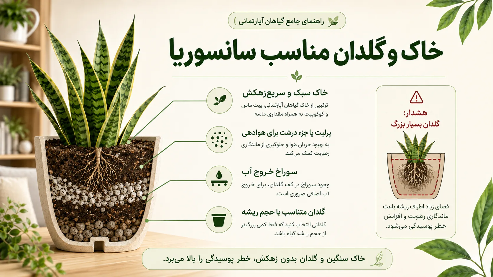 خاک و گلدان مناسب سانسوریا خاک و گلدان مناسب سانسوریا با زهکشی بالا و سوراخ خروج آب