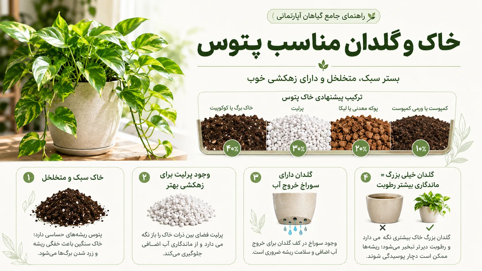 خاک و گلدان مناسب پتوس با زهکشی خوب و بستر سبک