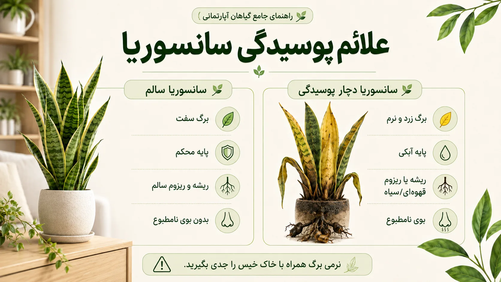 علائم پوسیدگی سانسوریا علائم پوسیدگی سانسوریا و تفاوت ریشه و برگ سالم با پوسیده
