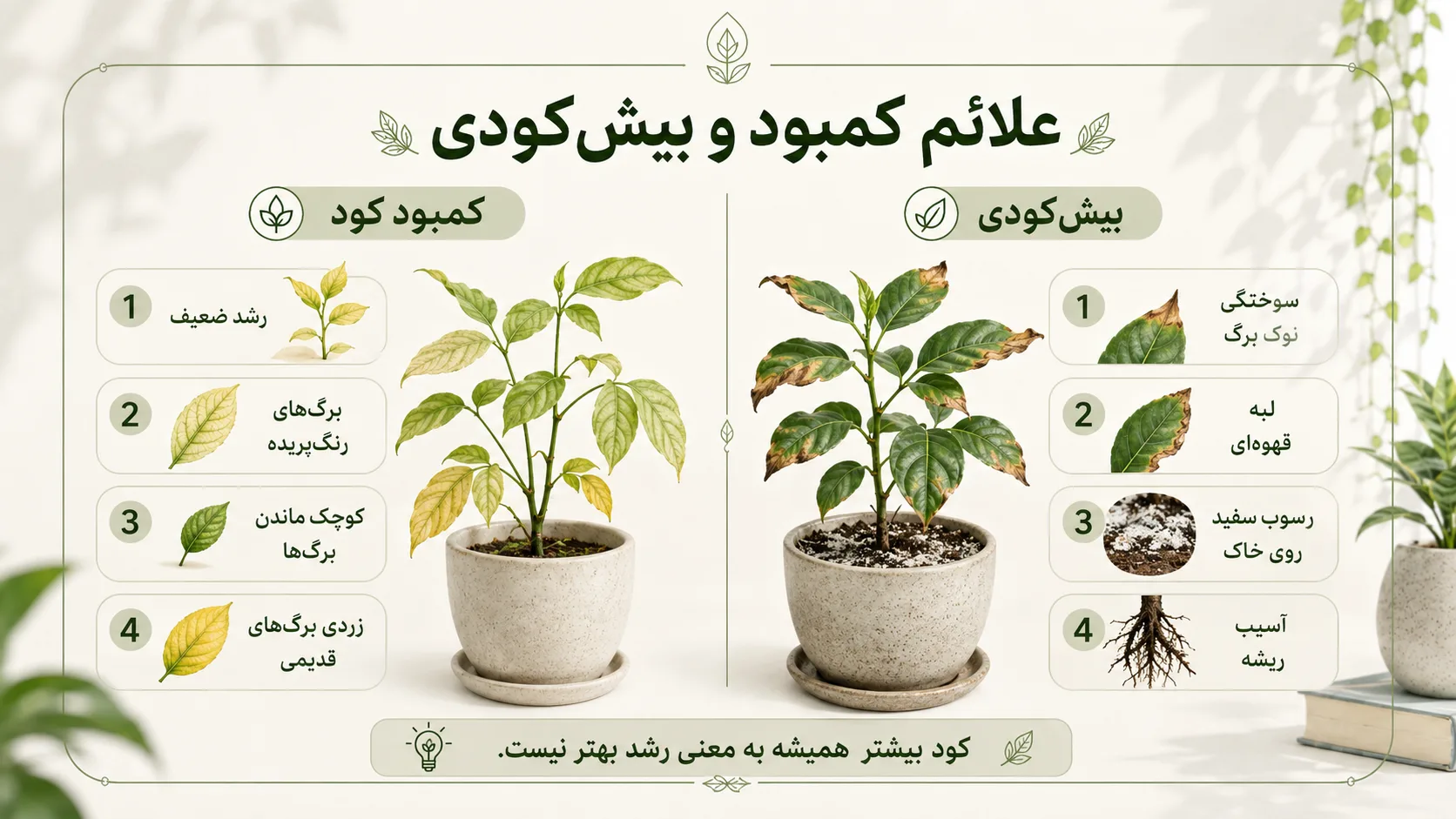 مقایسه علائم کمبود کود و کوددهی بیش از حد در گیاهان آپارتمانی