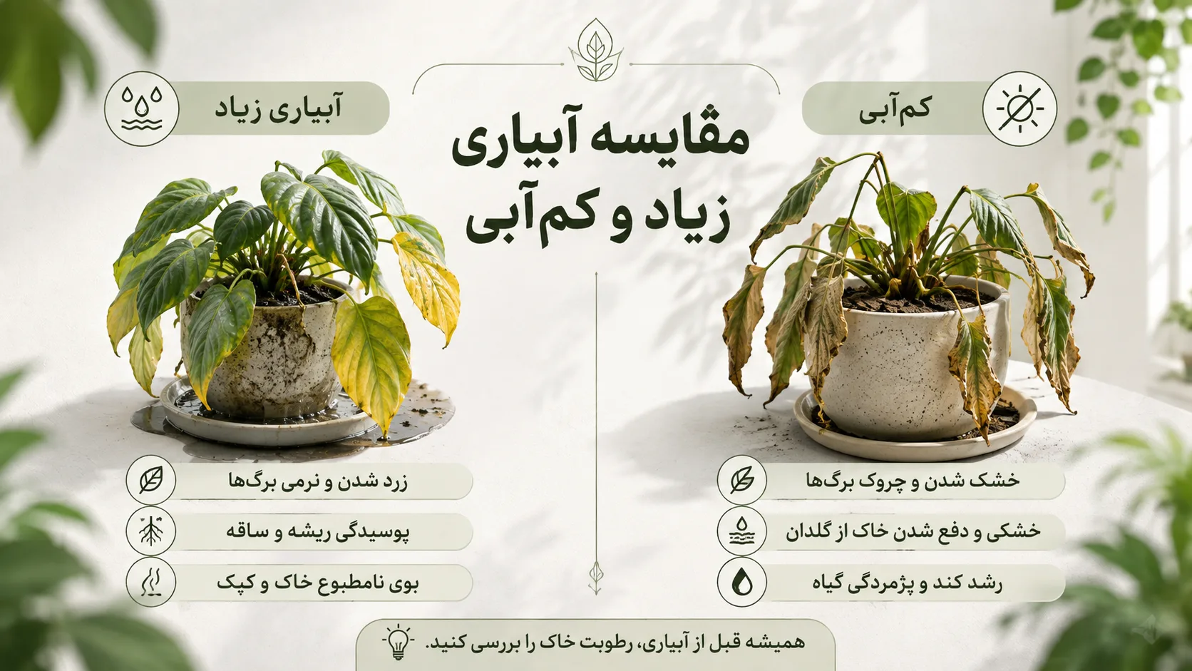 مقایسه علائم آبیاری زیاد و کم آبی در گیاهان آپارتمانی