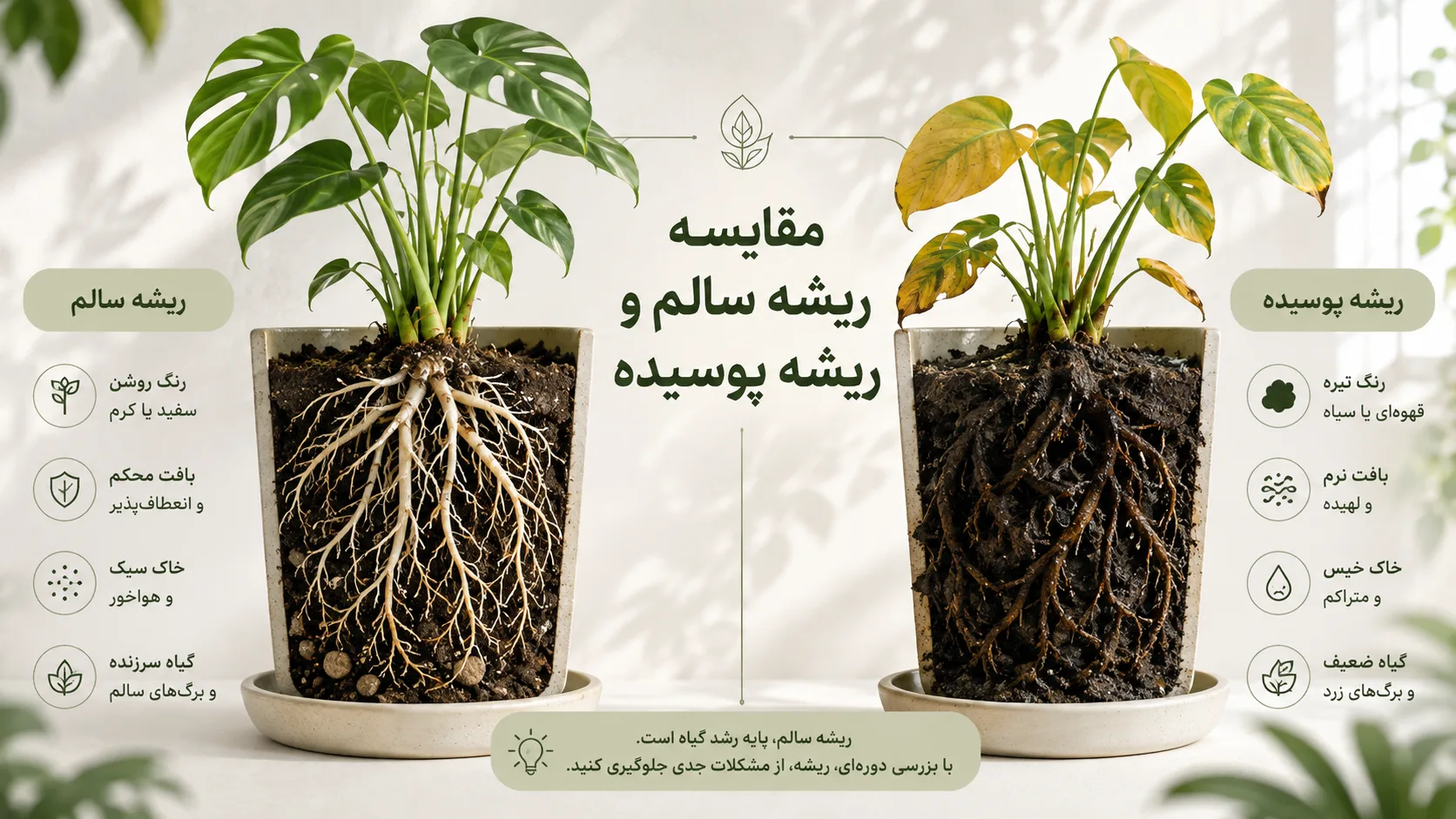 مقایسه ریشه سالم و ریشه پوسیده گیاه آپارتمانی