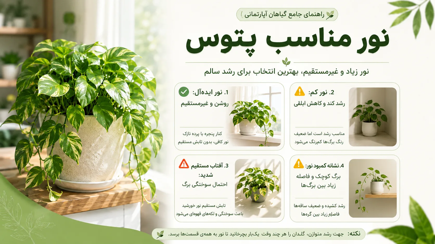 نور مناسب پتوس و مقایسه نور غیرمستقیم نور کم و آفتاب مستقیم