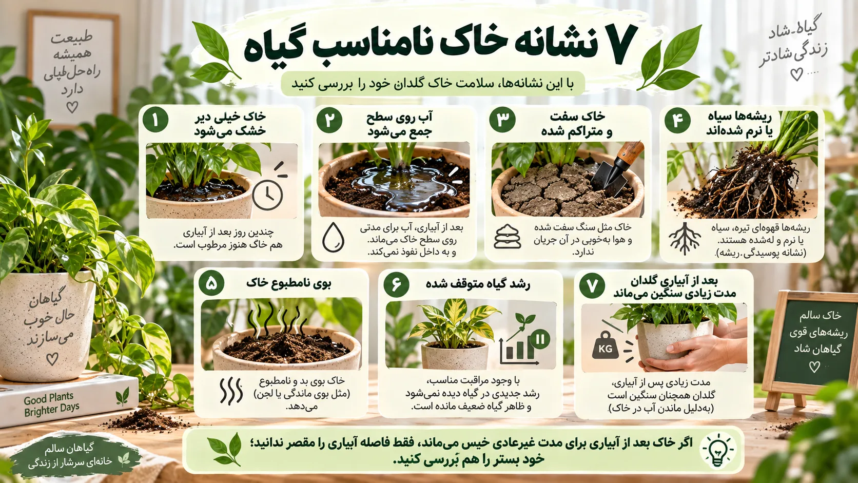 ۷ نشانه خاک نامناسب گیاه هفت نشانه خاک نامناسب گیاه شامل دیر خشک شدن خاک و پوسیدگی ریشه