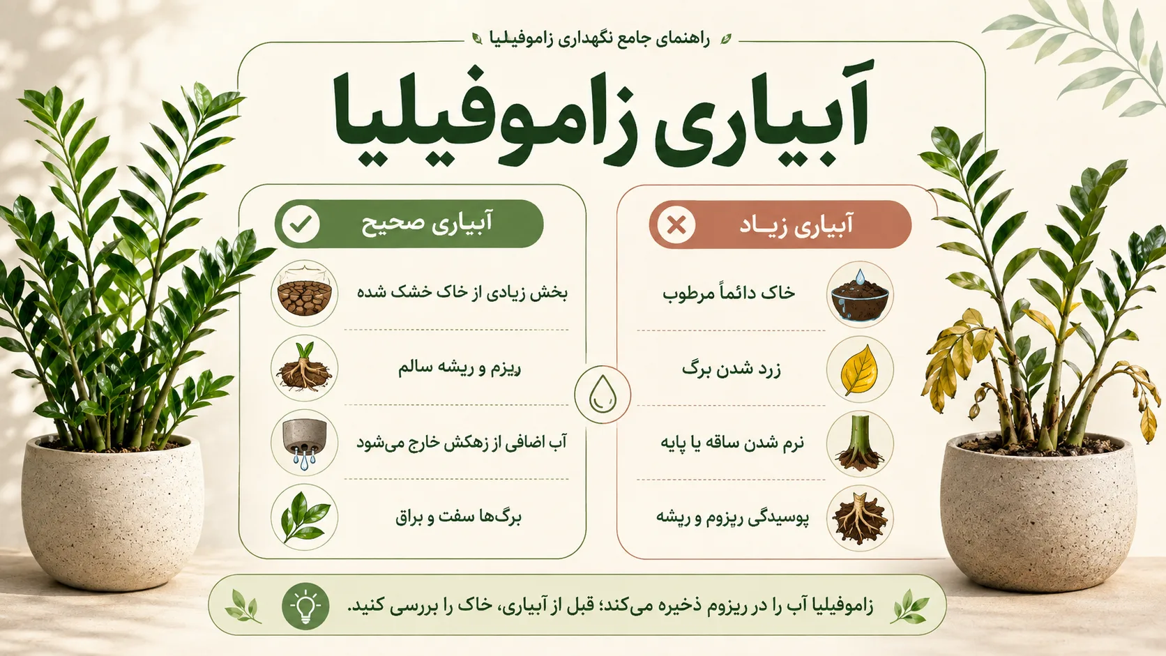 آبیاری زاموفیلیا آبیاری زاموفیلیا و تفاوت آبیاری صحیح با آبیاری بیش از حد