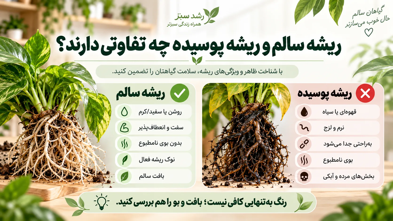 ریشه سالم و ریشه پوسیده چه تفاوتی دارند تفاوت ریشه سالم و ریشه پوسیده گیاهان آپارتمانی