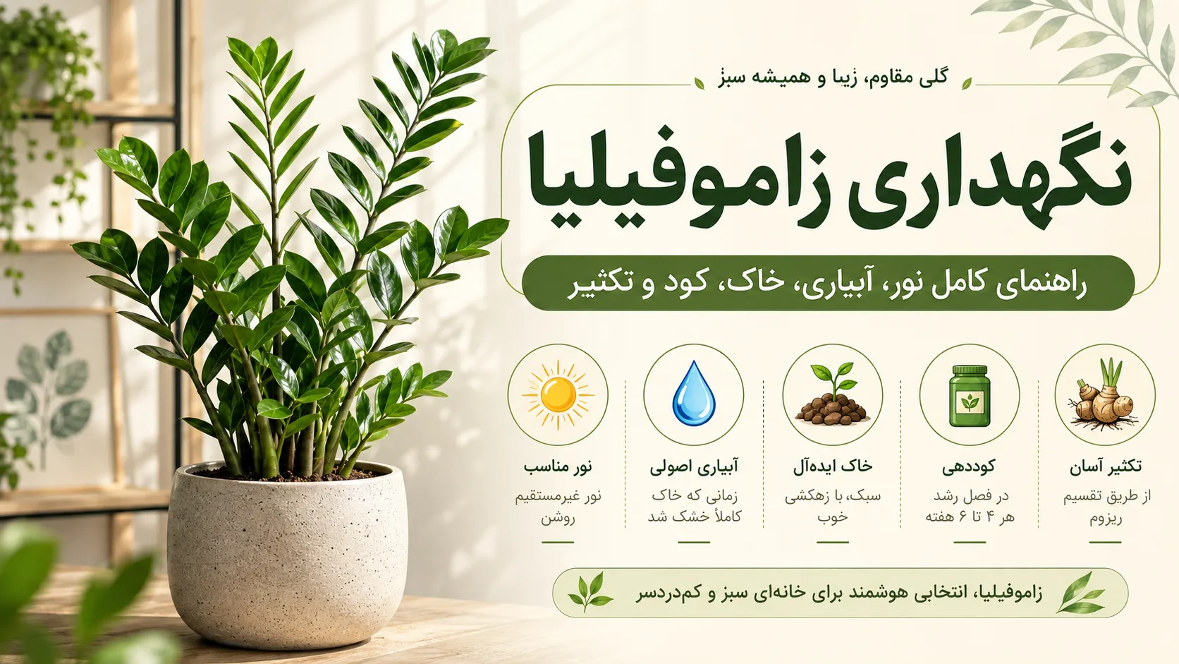 نگهداری زاموفیلیا؛ راهنمای کامل نور، آبیاری، خاک، کود و تکثیر